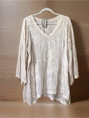 Johnny Was Womens L Cream Floral Embroidered Lace Boho Tunic